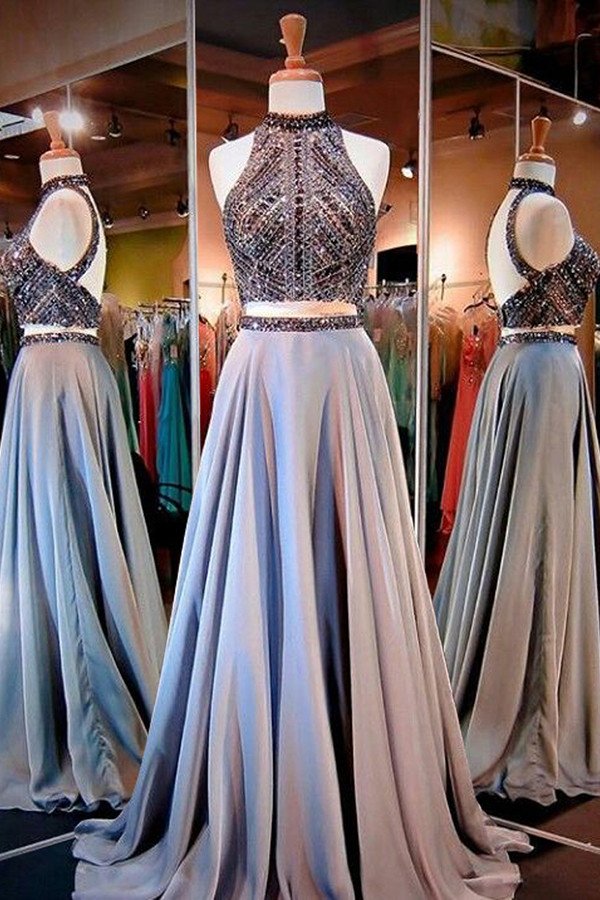 Two Pieces A-line Sparkle High Neck Beading Long Prom/evening Dress