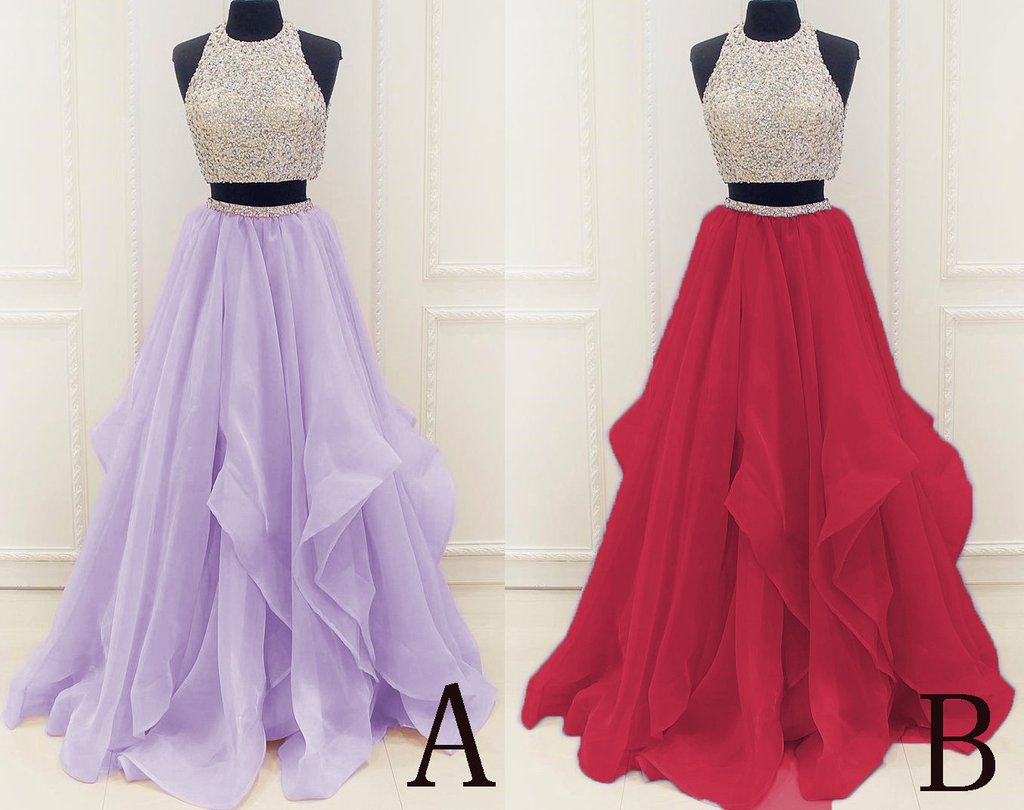 New Arrival Prom Dress,Modest Organza Prom Dresses,2017 Stunning Sequins And Beaded Top Ruffles Two Piece Prom Dress