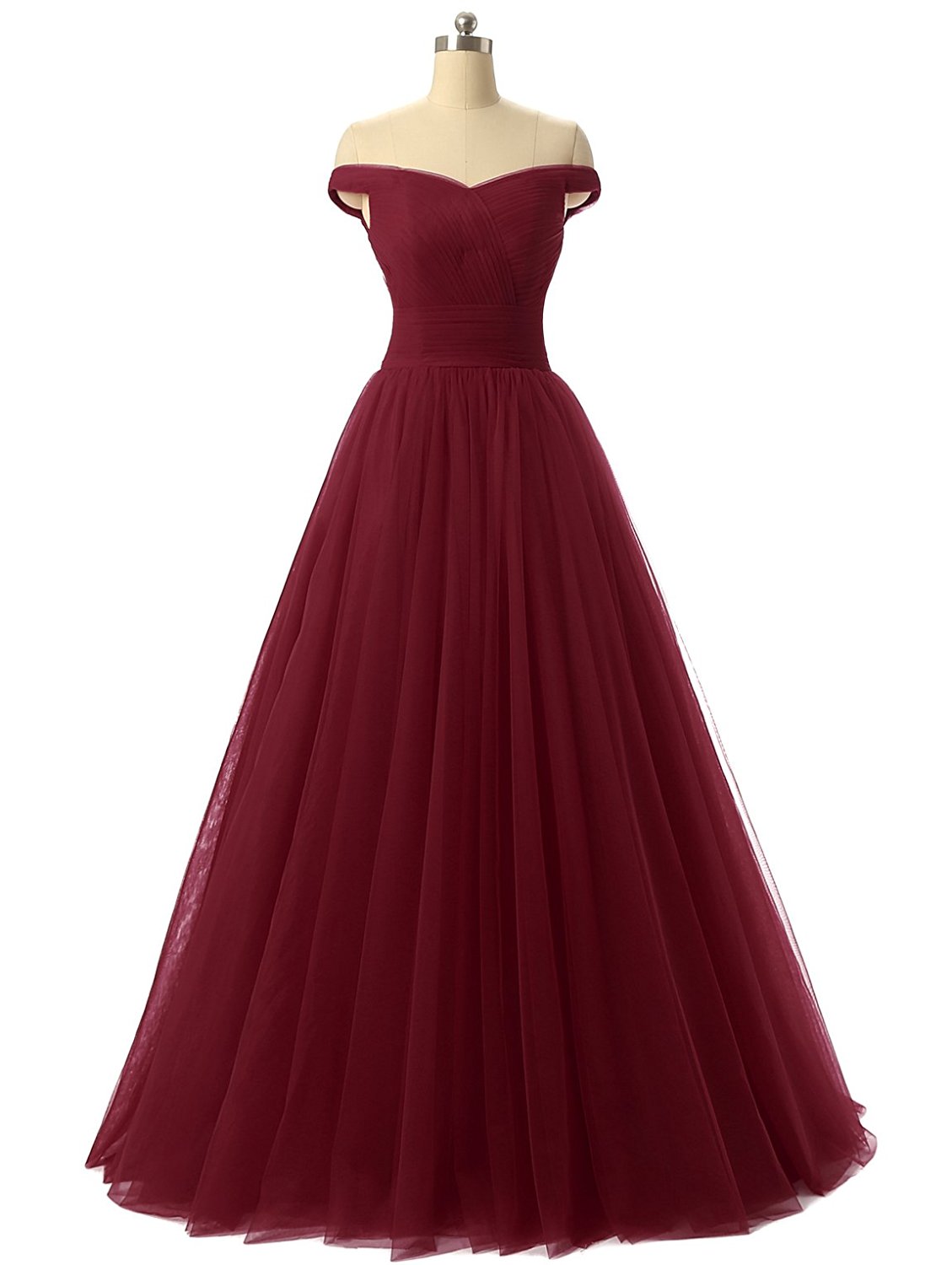 A-line Tulle Prom Formal Evening Dress, Sexy Burgundy Prom Dresses, Red Prom Dress, Tulle Prom Dress, Off The Shoulder Prom Dress