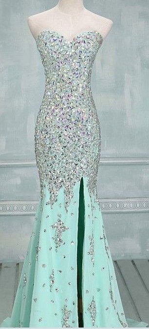 Real Made Prom Dresses, Floor-length Prom Dresses, Mint Green Prom Dresses, Sequin Shiny Front Split Prom Dresses, Charming Prom Dresses