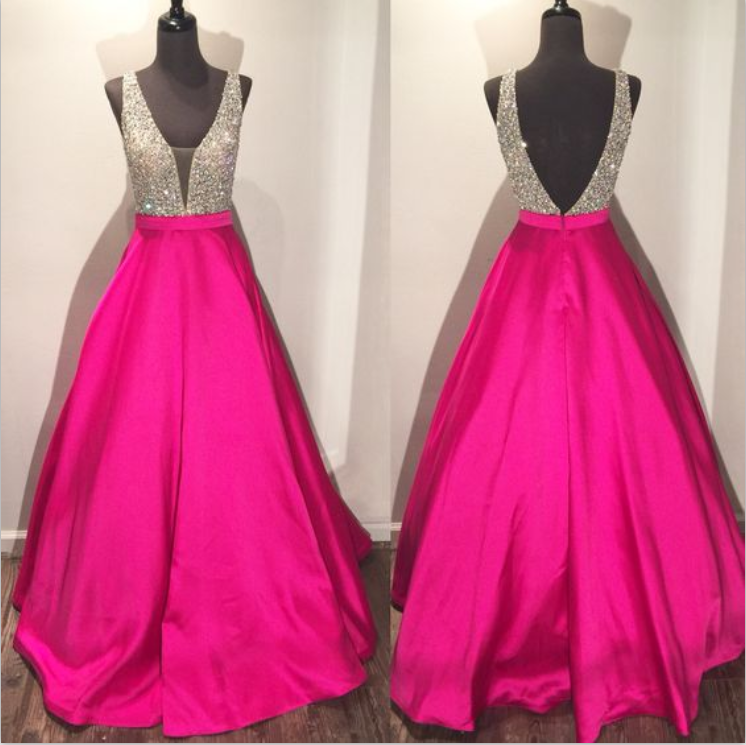 Pink Prom Dresses,satin Prom Dress,beaded Prom Dress,v-neck Prom Dress,backless Prom Dresses,modest Prom Gowns