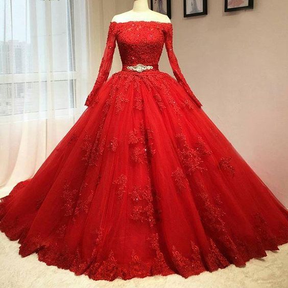 2017 Custom Made Red Lace Prom Dress, Long Sleeves Evening Dress, Off The Shoulder Party Gown,luxury Beaded Prom Dress,high Quality