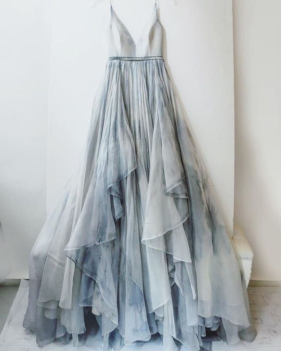 grey prom dresses 2017 Mermaid Deep V-Neck Sweep Train Grey Tulle Prom Dress US6 / Custom Color main image 1