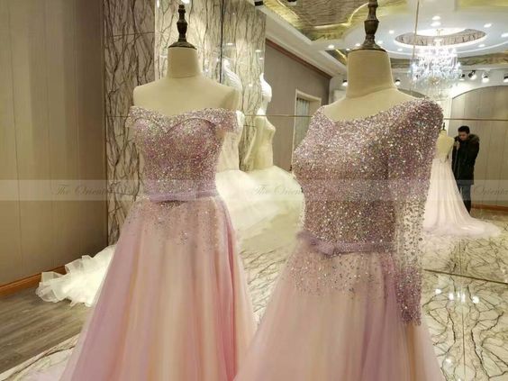 Luxury Crystal Beaded Long Sleeve Pink Prom Dresses 2017 A Line Boat Neck Backless