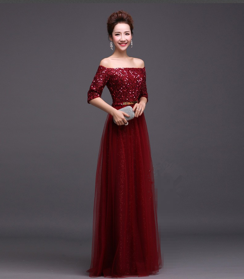 Sexy Boat Neck Long Sleeves Prom Dresses 2017 Wine Red Sequined Long Evening Party Dress For Graduation