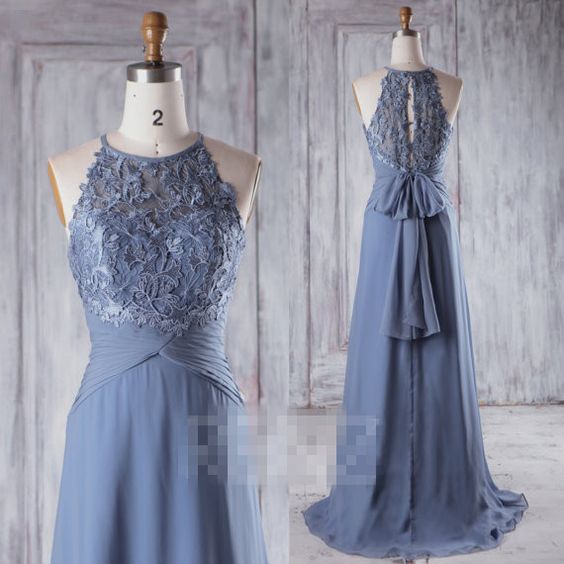 2017 Steel Blue Chiffon Bridesmaid Dress, Sweetheart Illusion Wedding Dress, Bow Back Prom Dress, Lace Evening Gown Floor Length