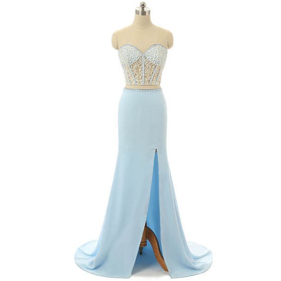Light Blue Sweetheart Beaded Corset Two-piece Mermaid Long Prom