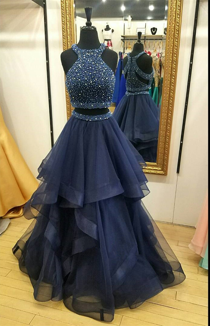Charming Navy Blue Prom Dress,two Piece Prom Dresses,ball Gown Prom Dress,long Party Dresses, 2 Piece Prom Dress, Beading Prom Dress, Senior Prom