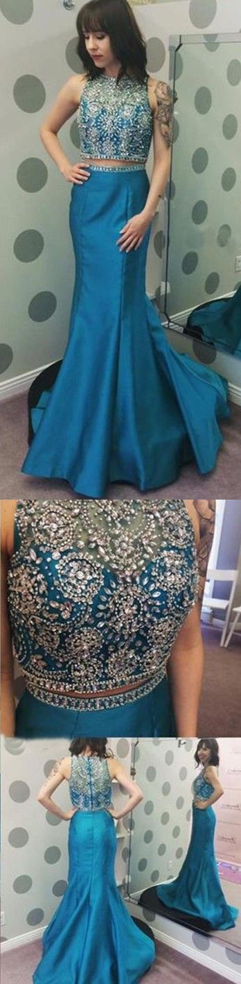 Charming Prom Dress,2 Pieces Prom Dress,satin Prom Dress,beading Evening Dress Newest Crystals Two Piece Prom Dress 2017 Mermaid Zipper Sweep
