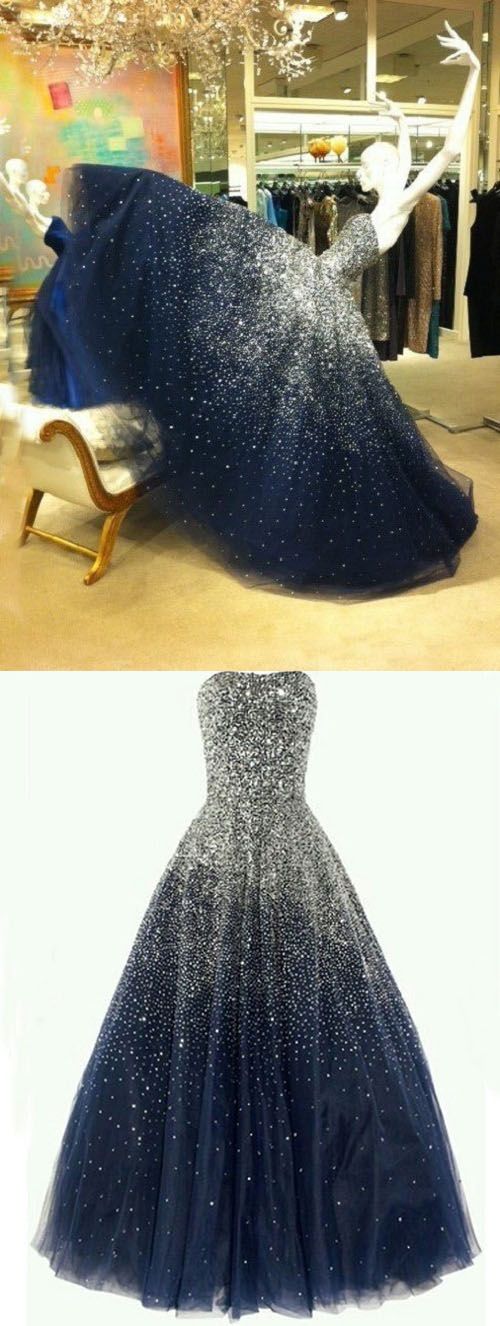 Ball Gown Strapless Floor Length Tulle Navy Blue Prom/evening Dress With Beading
