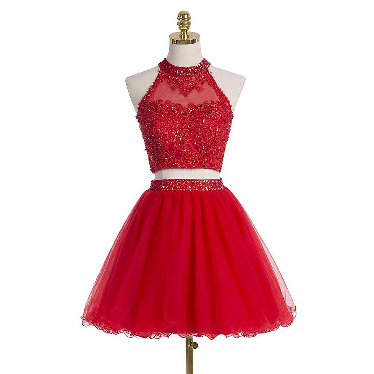 High Neck Red Homecoming Dress With Beads And Sequins, Short Homecoming Dress With Key Hole Back, Two Piece Tulle Homecoming Dress