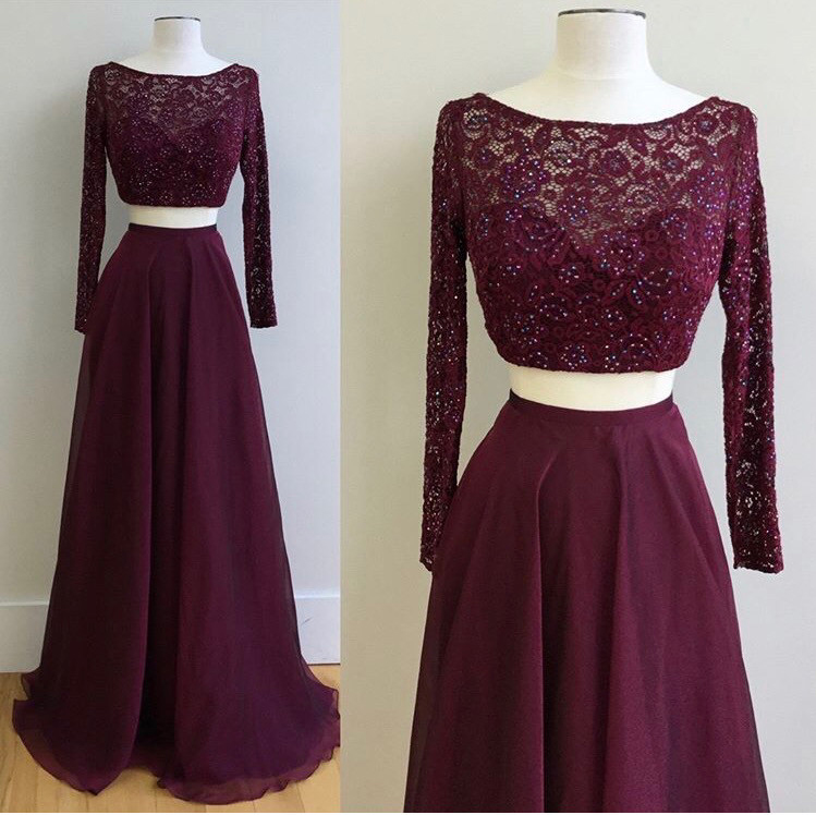Lace Top Two Pieces Prom Dresses,long Sleeves Grape Prom Dresses,two Pieces Formal Gowns