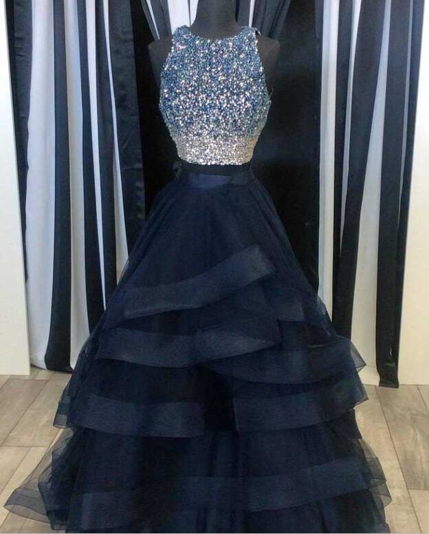 Pretty O-neck Two Pieces Tulle Prom Dresses,navy Blue Prom Dresses,beaded Dresses,sparkly Party Prom Dresses,formal Evening Dresses