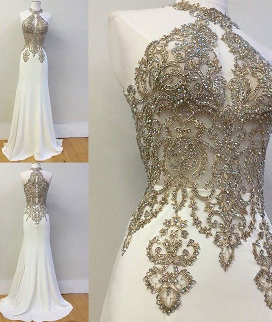 White v neck lace applique long prom dress white lace evening dress,DS2363 main image 0