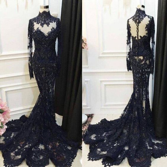 High-neck Beaded Long-sleeve Mermaid Appliques Lace Sequined Black Prom Dress