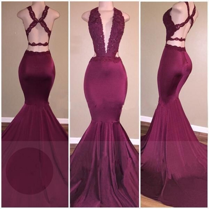 Sexy African Beaded Sequins Lace Burgundy Mermaid Prom Dresses Long 2017 Floor Length Open Back Party Dress Fast