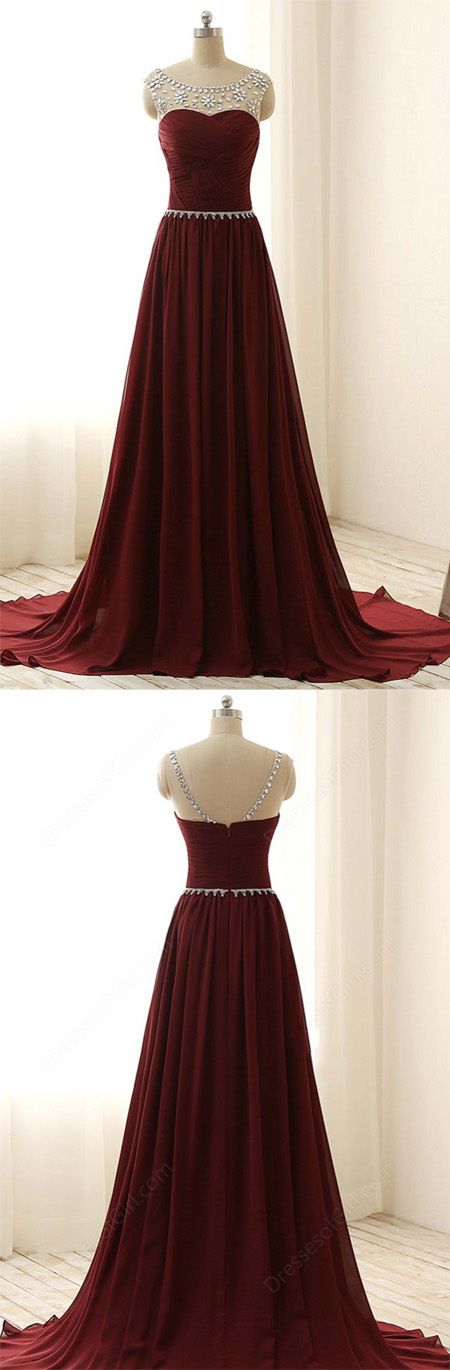 -selling A-line Round Neck Burgundy Chiffon Long Prom Dress With Beading