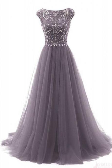 Gorgeous Beading Bodice Long Tulle Prom Dresses Evening Dresses
