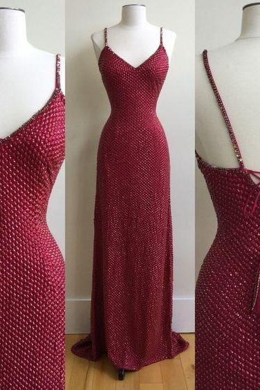 Spaghetti Straps V-neck Red Long Prom Dress