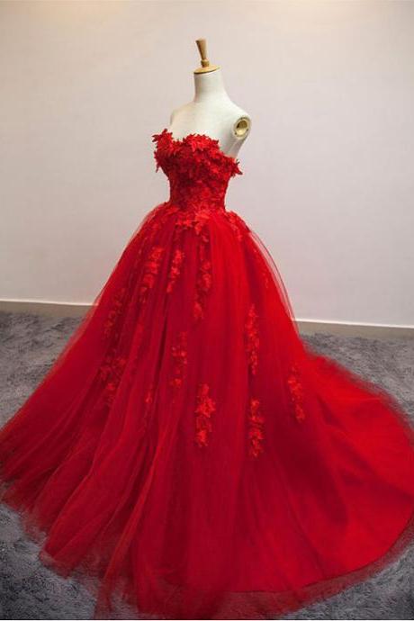 Selling Wedding Dress,a-line Wedding Dress,ball Gown Wedding Dress,poofy Sweetheart Bridal Dress,red Floral Lace Long Wedding Dress,strapless