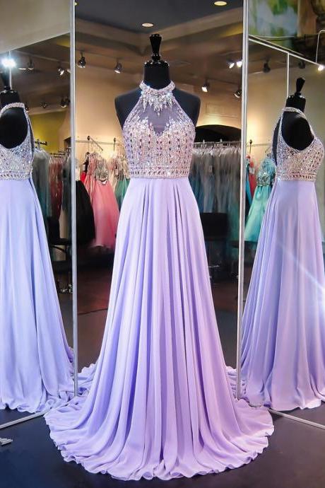 Sparkly Lavender Floor Length Chiffon Formal Dresses Featuring Rhinestone Beaded Bodice With Halter Neckline -- Long Elegant Prom Dresses,sexy