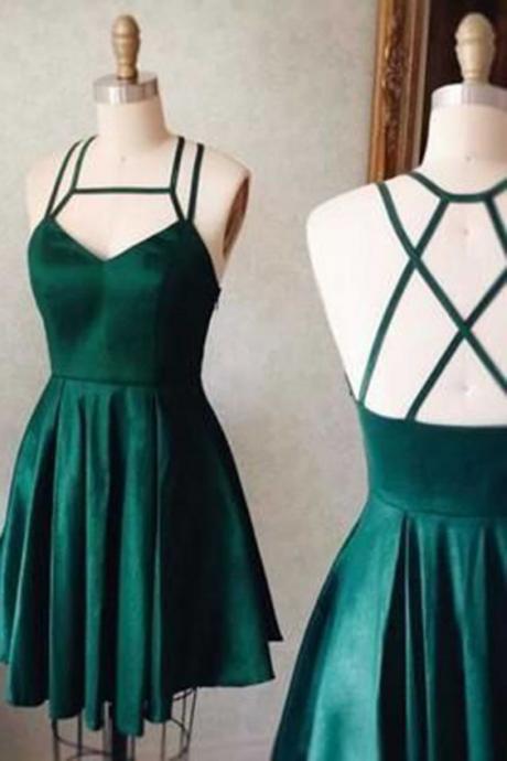 Cute A-line Halter Sleeveless Backless Dark Green Short Homecoming Dress