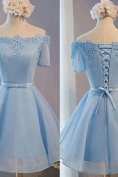 Light Blue Off Shoulder With Short Sleeve Lace Lovely Homecoming Prom Dresses