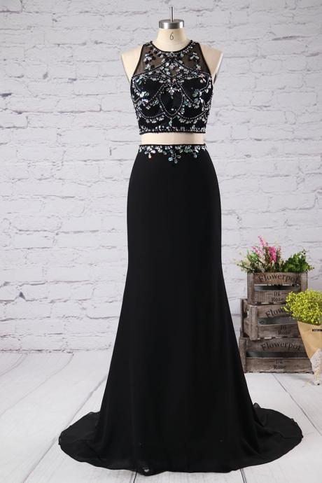 Black Mermaid Prom Dresses,two Pieces Prom Dress,long Prom Dresses,chiffon Prom Dresses,beading Prom Dress,simple Prom Dress,evening