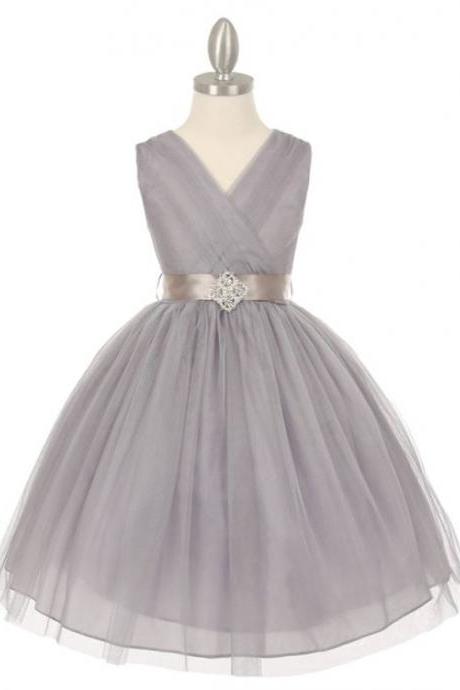 Custom Made Silver Tulle V-neck With Rhinestone Brooch Evening Dress, Kids Clothing, Party Frock, Flower Girl Dresses, First Holy Communion