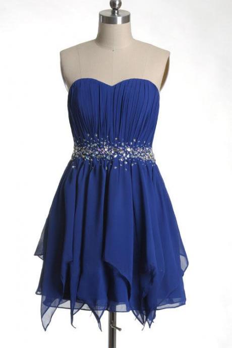 Royal Blue Short Chiffon Homecoming Dresses With Crystals, Mini Party Dresses