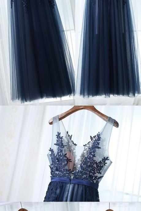 Dark Blue Tulle Lace Long Prom Dress, Dark Blue Bridesmaid Dress
