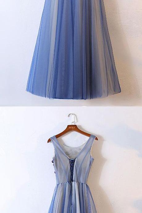 Blue Tulle Round Neck Long Prom Dress, Tulle Evening Dress