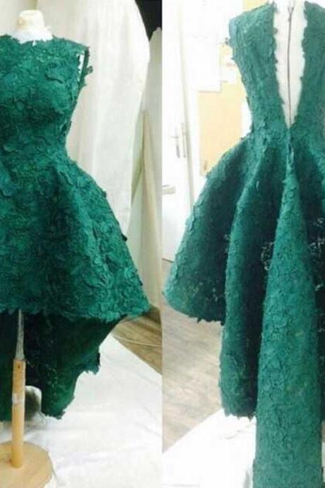 Real Image Picture Prom Dresses Hi-lo Green Crew Lace Formal Prom Party Gowns Vetsidos