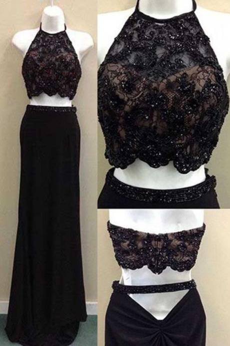 Two Piece Black Evening Dress,long Evening Dress,floor Length Chiffon Prom Dresses
