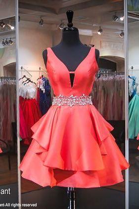 Coral V-neck Short Homecoming Dress,v-neck Sleeveless Prom Dresses,teens Party Dresses,graduation Dress