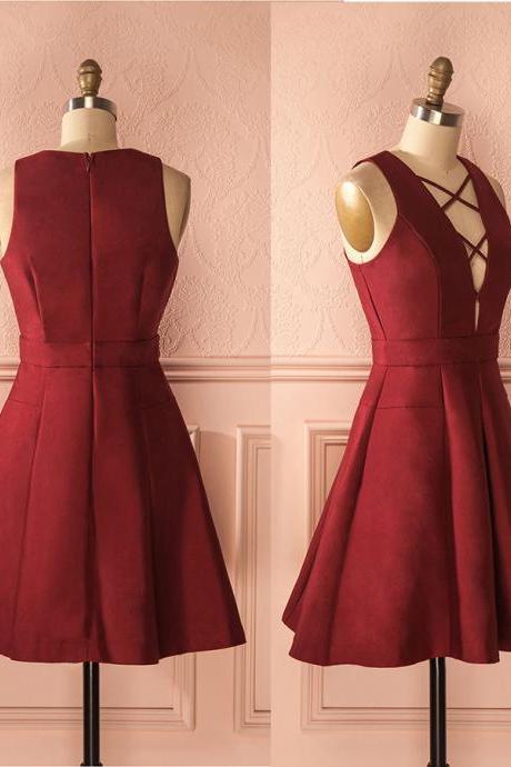 A-Line Homecoming Dresses,V-Neck Sleeveless Lace-Up Short Prom Dress,Short Burgundy Homecoming Gown,Satin Homecoming Dress,Simple Party Gown