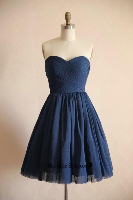 Short Navy Blue Polka Dots Tulle Bridesmaid Dress