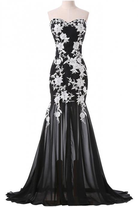 Black Tulle A-line Applique Mermaid Formal Long Dress ,sweetheart Evening Dresses