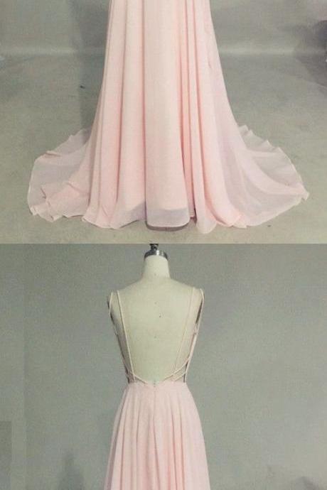 Backless Prom Dress,long Evening Party Dress,sleeveless Prom Gown,pink Chiffon Prom Dresses