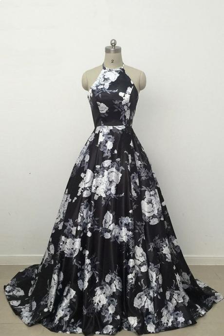 Cute Black And White Floral Satin Halter Prom Dress