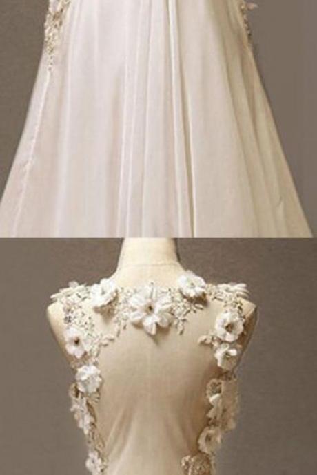 Beautifully Romantic A Line Lace Flower Keyhole Backless Organza V Neck Chiffon Wedding Gown