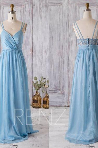 Sky Blue Bridesmaid Dress, V Neck Wedding Dress, Spaghetti Straps Prom Dress with Lace, Open Back Evening Gown Floor Length 