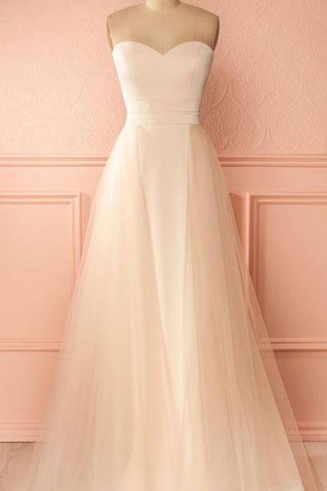 Simple Tulle Champagne Long Prom Dress, Light Champagne Tulle Long Evening Dress