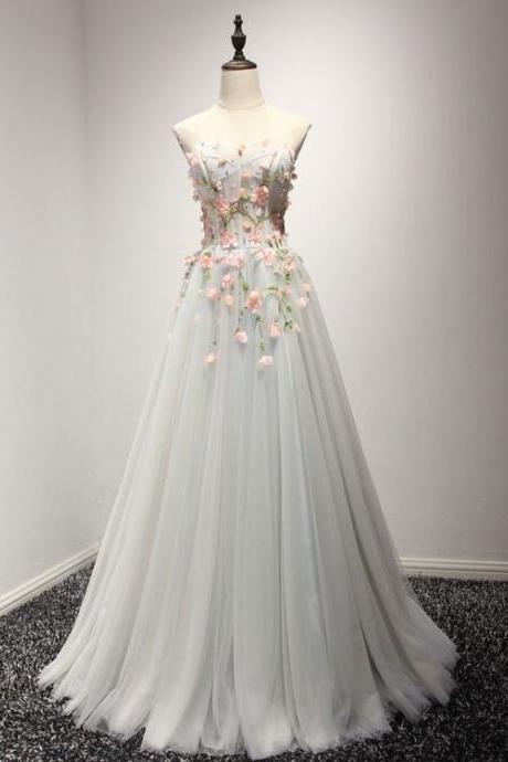 Strapless Soft Gray Prom Formal Home Coming Dress With Flowers