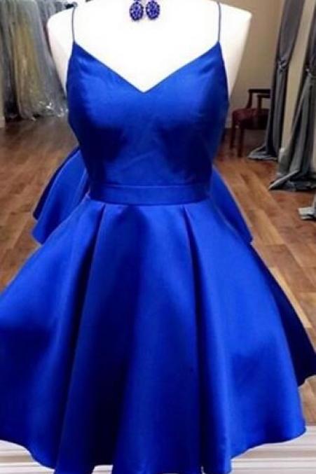 Royal Blue Satin Plunge V Spaghetti Straps Short Homecoming Dress, Formal Dress