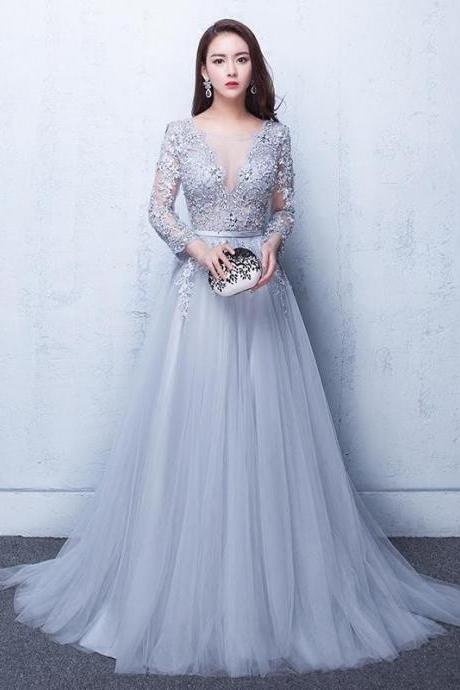 Sexy Illusion Evening Dresses, Lace Formal Dresses, 2017 Prom Dresses, Gray Prom Dresses, Lace Applique Beads Crew Neck Long Sleeves Prom Evening