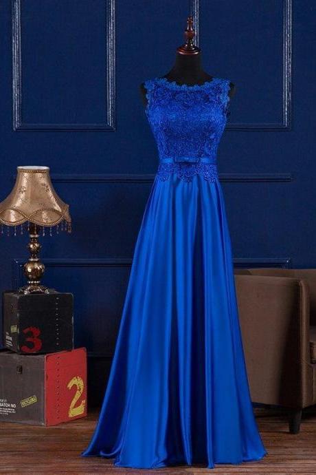 Scoop Neck Lace Satin Evening Dress, Blue Prom Dress, Floor Length Prom Dress, Long Royal Blue Prom Dress, 2017 Floor Length Formal Dress Lace Up