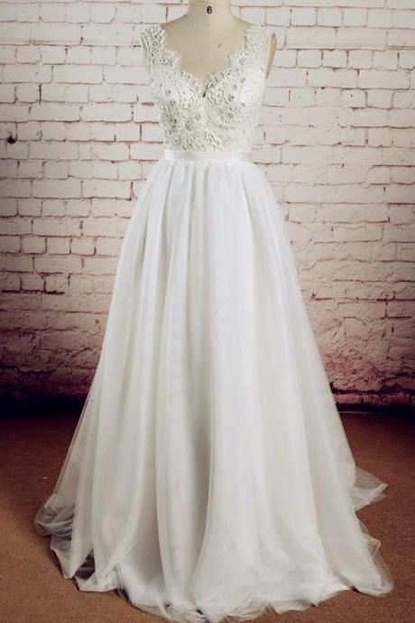 Sleeveless V-neck Lace Appliqués A-line Wedding Dress Featuring Low V-back