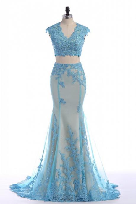 Lace Appliquéd Floor Length Two Piece Prom Dress Featuring Plunge V Cropped Bodice And Mermaid Skirt