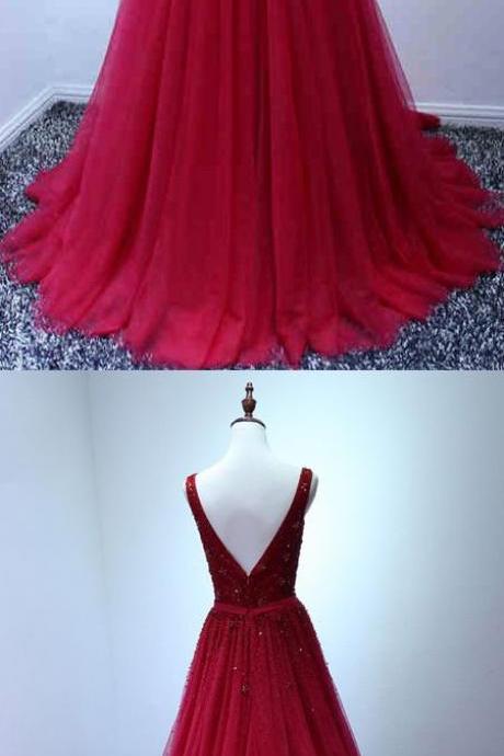 Glamorous A-line V-neck Red Tulle Long Prom Dress With Beading,prom Dresses